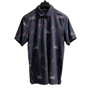 Travis Mathews Polo Mens L Blue Firework Flag Patriotic‎ Print USA Golf Vacation